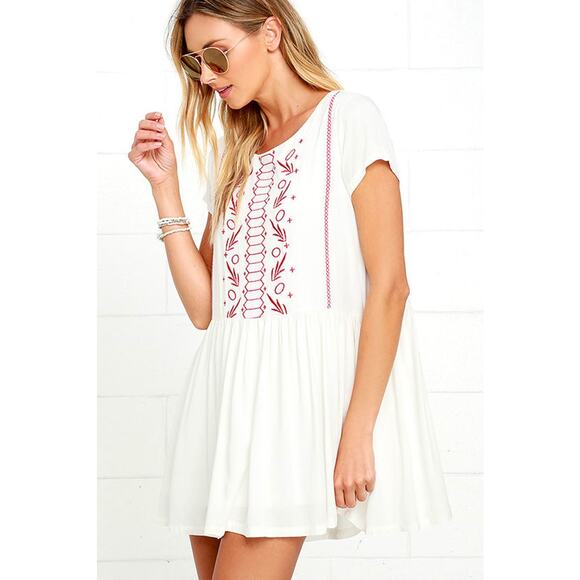 Lulu's Crush-Worthy Ivory Embroidered Babydoll Dress with red - Small - Picture 7 of 11